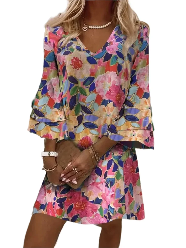 

Fashion Floral Print Dress Lady Casual V-Neck Ruffles Three Quarter Dresses For Women Boho Holiday Beach Womens Clothing Summer