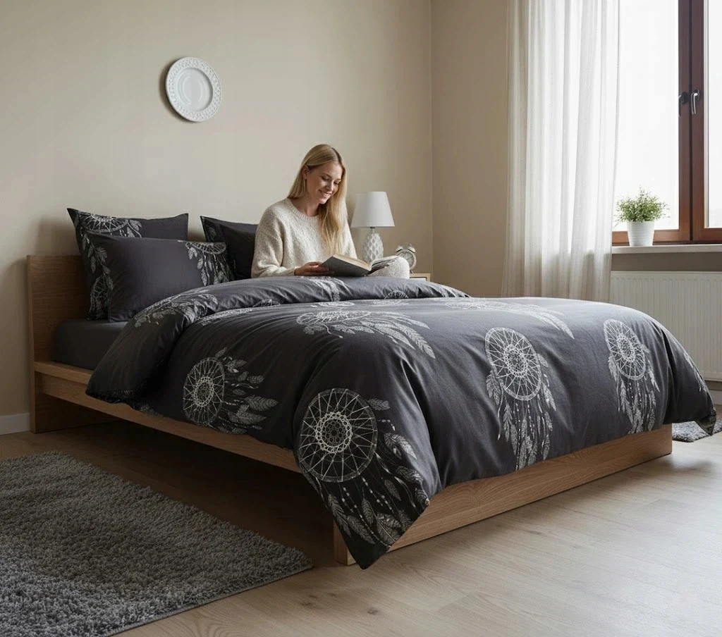 Juego de cama de 3 piezas con diseño de atrapasueños negro de algodón, 160x200 cm, para cama doble