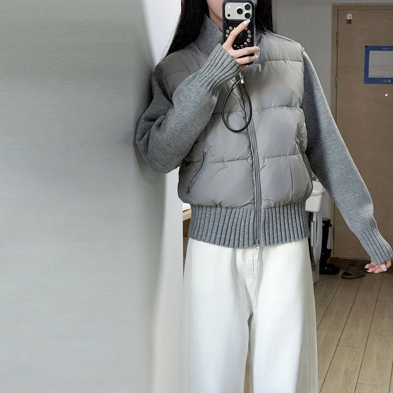 الكورية محبوك خياطة أسفل القطن وسادة مبطنة المرأة خريف شتاء 2025 جديد قصير فضفاض الوقوف طوق سستة معطف الوردي الرمادي