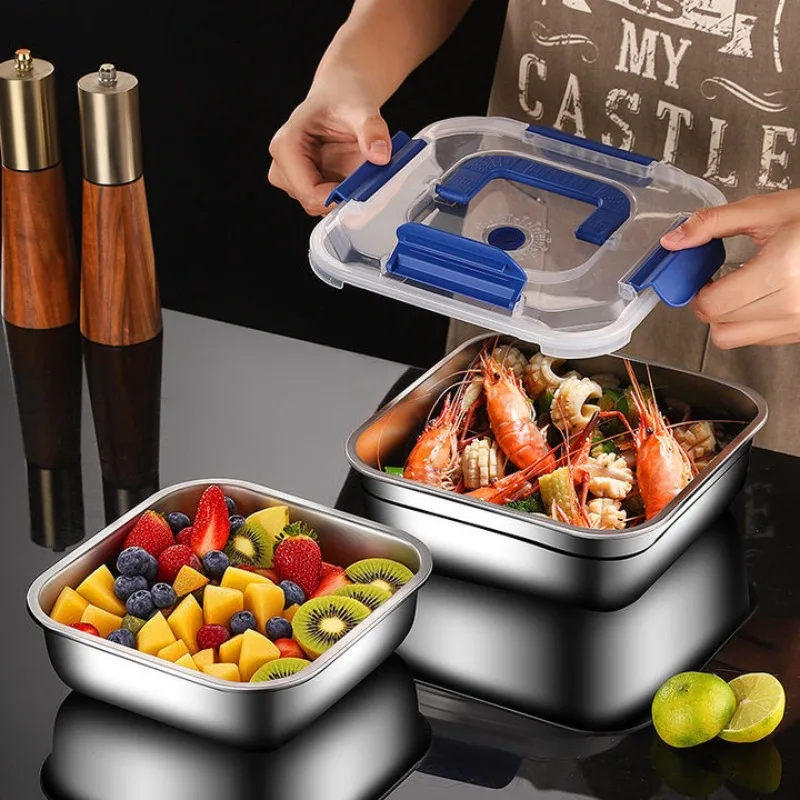 Stainless Steel Food Storage Container Camping Lunch Box Bento Food Box Noodles Fruit Tray Thick Refrigerator Organizer Plate