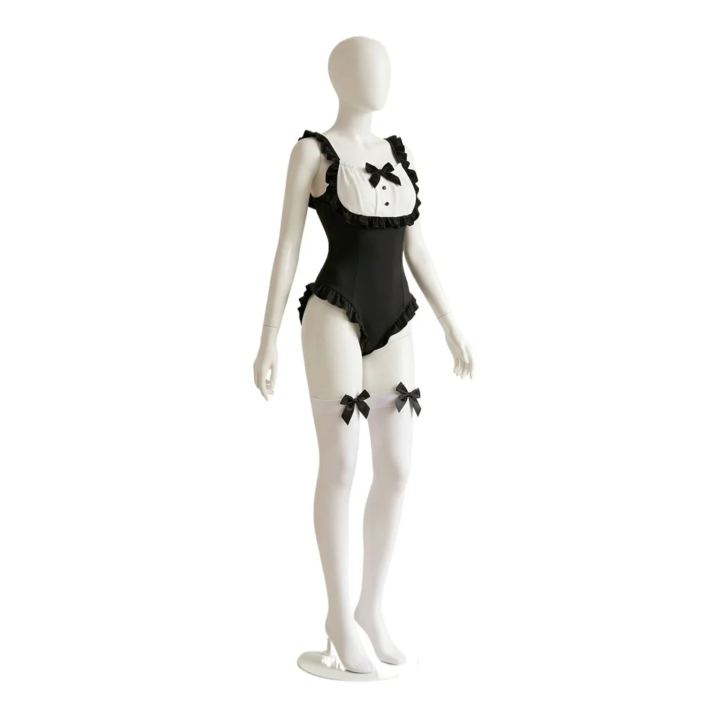 Bunny Cosplay Bodysuit Set for Women, Black and White Ruffle Trim with Bunny Ears , Anime Role Play Outfit for Halloween