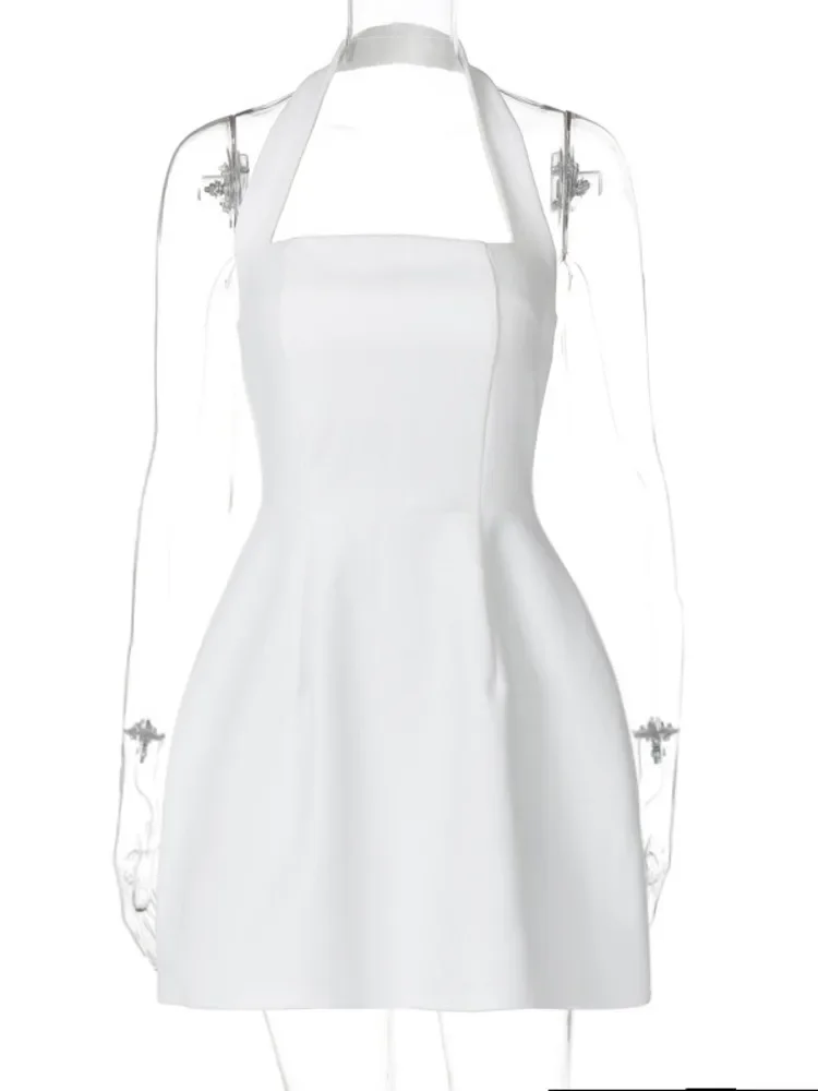 2025 Mini abito senza schienale con colletto quadrato all'americana per le donne Moda solido senza maniche A-line Allentato Club Party Abiti sexy eleganti