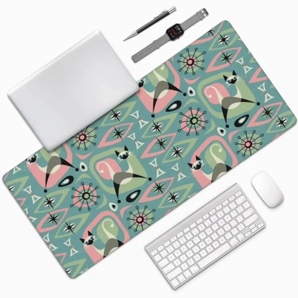 Сиамский кот середины века, абстрактный на синем, большой коврик для мыши, компьютерная клавиатура, коврик для мыши, геймерский ПК, ноутбук, настольный коврик, офисные коврики для стола