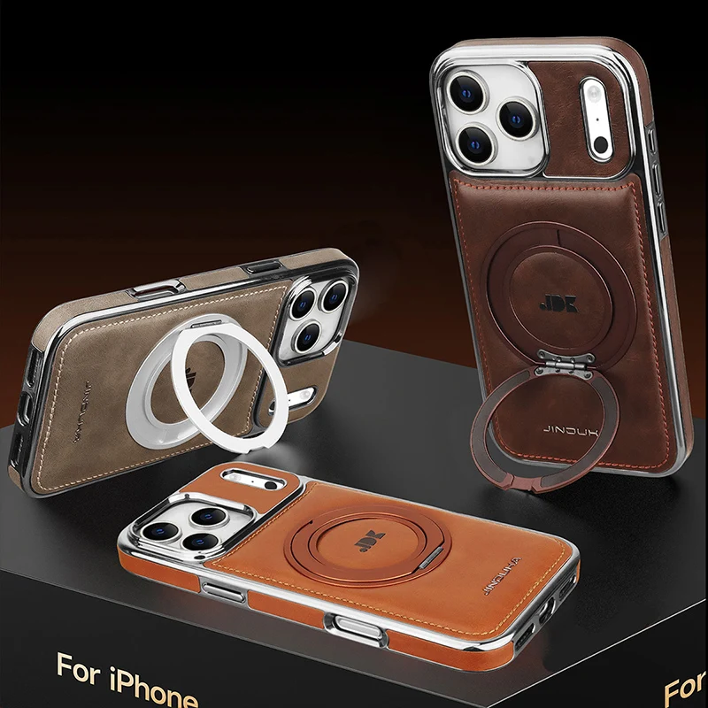 Luxury Magnetic 360 Rotating Kickstand Leather Phone Case For iPhone 17 Pro Max 16 Plus 15 14 13 Ring Holder for Magsafe Cover - view 5