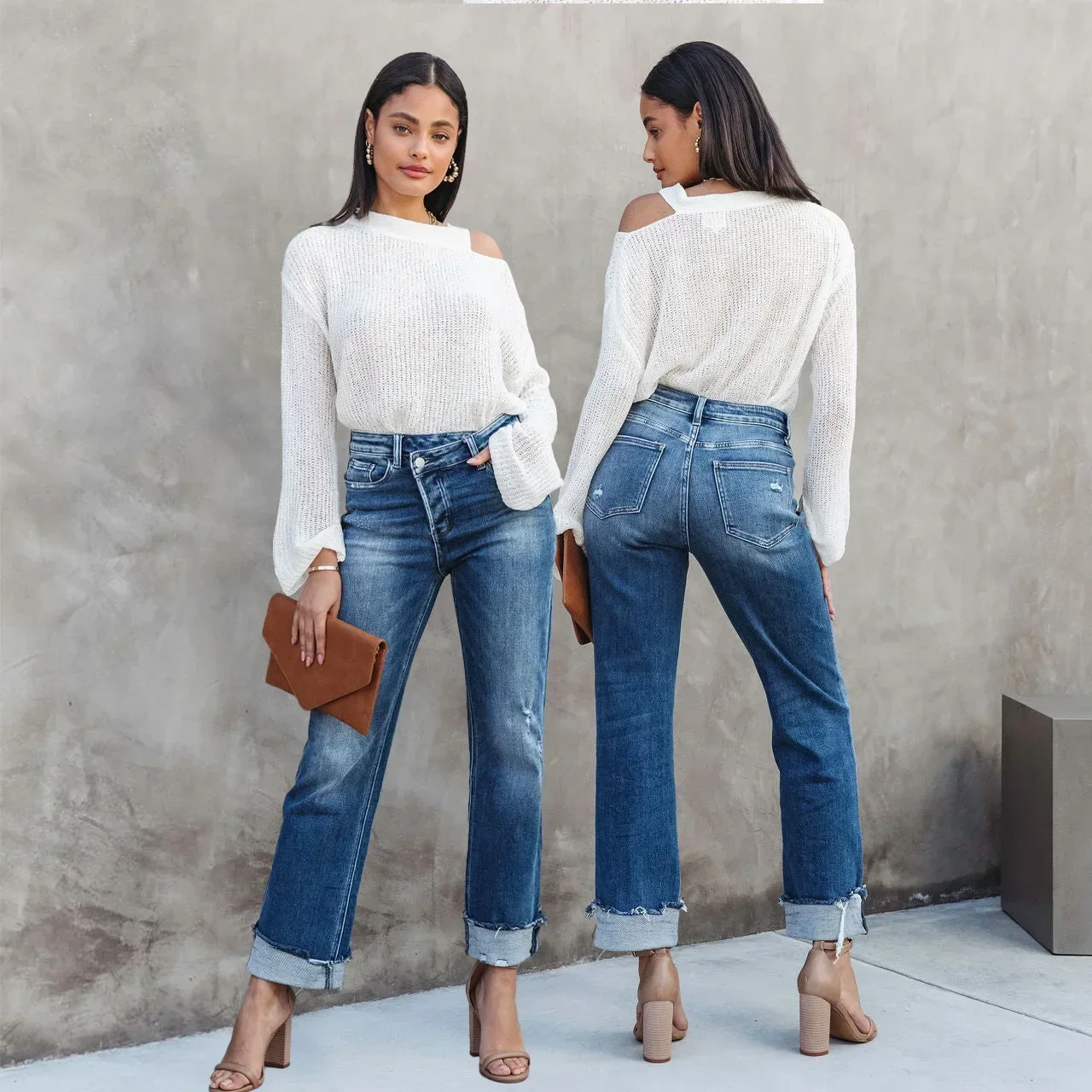 Women Jeans Straight Pants Denim Pockets High Waist Loose Fit Solid Ankle Length Streetwear Distressed Washing Zipper Flat