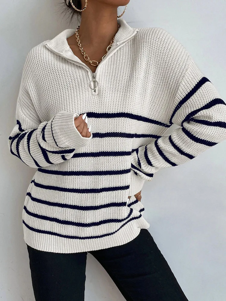 Fashion zipper knitted shirt loose top women\'s cross color striped sweater simple and versatile