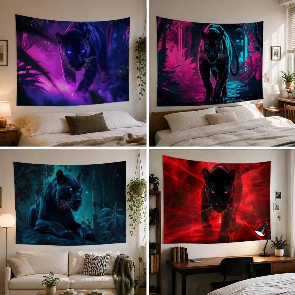 Majestic Cyberpunk Panther Tapestry Custom Living Bedroom Party Dormitory interior Wall bohemian Decoration Attached clip
