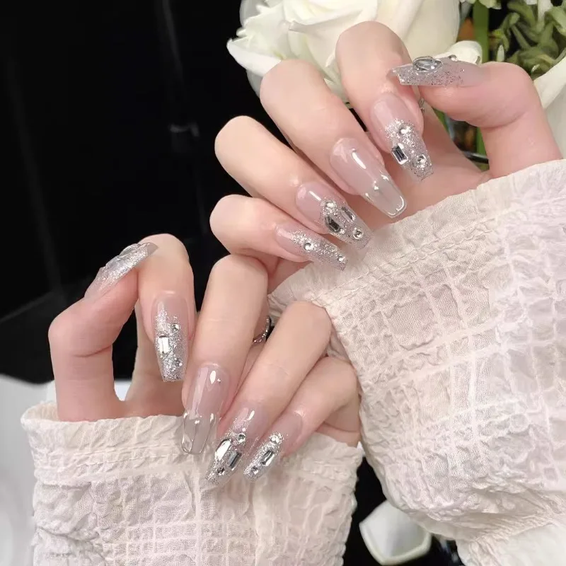 10pcs Handmade Long Set of False Nails for Girls Nude Rhinestones Fake Nails with Design Press on Nails with Glue Removable 2025