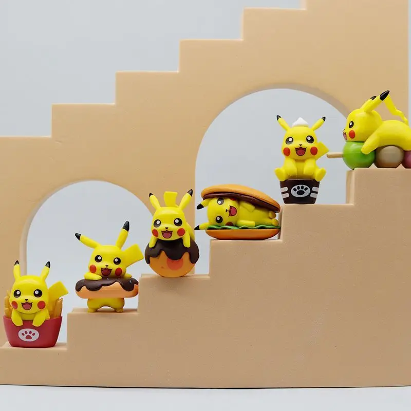 6Pcs Anime Pokemon Figure Food Theme Series Burger Fries Donuts Pikachu Model Toys Doll Gifts Aciton Figure PVC