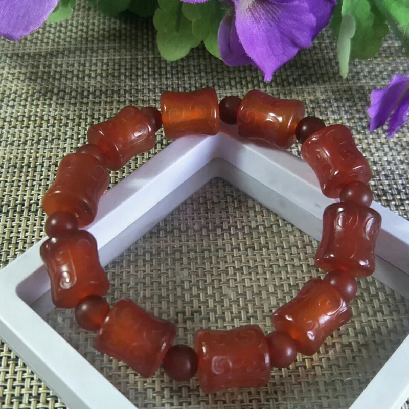 Natural Red Agate Fret Slub Rice Bead Jade Bracelet Jewellery Lucky Exorcise Evil Spirits Auspicious Amulet Fine Jade Jewelry