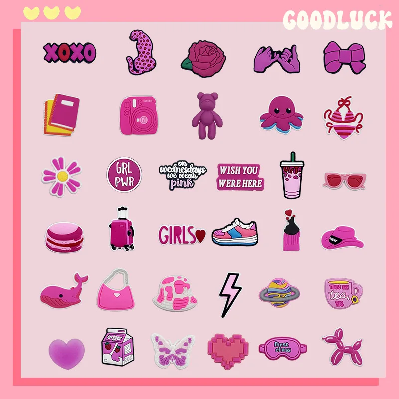 Hot Sales 34Pcs Pink Shoe Charms for Crocs Accessories Pin Shoe Wristband Croc Decorations Buckle Girls Women Party Gifts