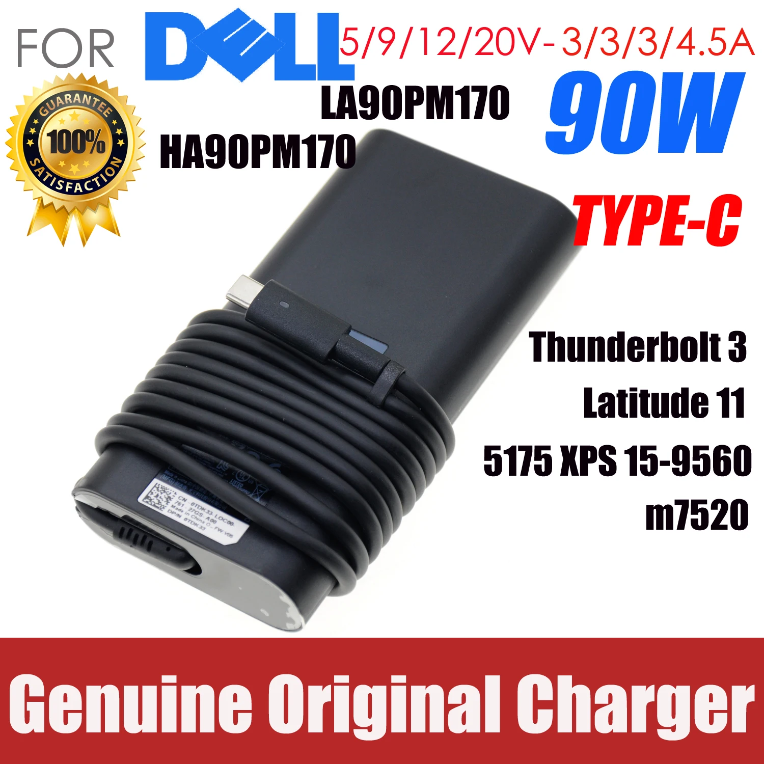 

New Original 90w 20V 4.5A type-C PD USB AC adapter For Dell Thunderbolt3 Latitude 11 5175 XPS15-9560 m7520 Charger Power Supply
