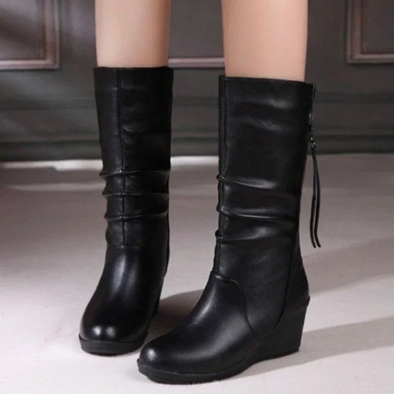 Women Wedges Leather Boots Round Head Mid-calf Boots Side Zipper Walking Shoes Non-slip Thick Sole High Heels Botas Para Mujeres