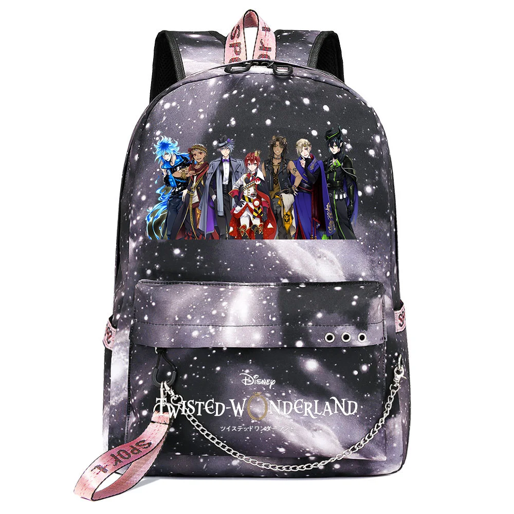 Disney Twisted-Wonderland Bolsa Escolar Masculina e Feminina, Mochila Casual de Viagem, Laptop, Carregamento USB, Mochilas para Adolescentes, Estudantes