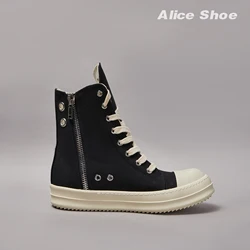 Brand Men Shoe Casual High Top Women Sneaker Quality Black Ankle Boot Designer Leather Zipper Metal Hole Luxury Laces Flat Shoe