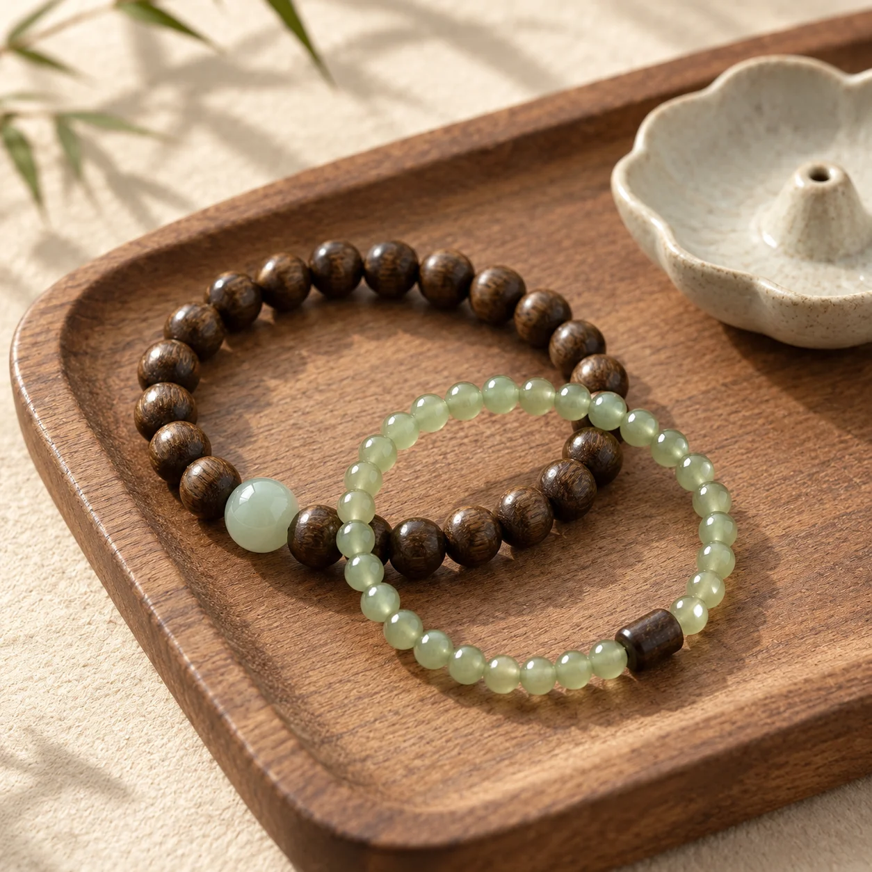 Handmade Wooden and Glass Bead Bracelets, Natural Texture Layered Unisex Wrist Jewelry