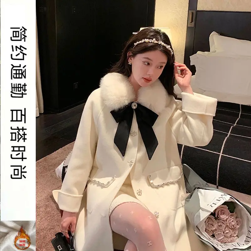 

Женский пояс, теплое пальто с меховым воротником, откидной воротник, карман, пуговицы, украшение с бантом, осень-зима, новая женская элегантная одежда, универсальный C292