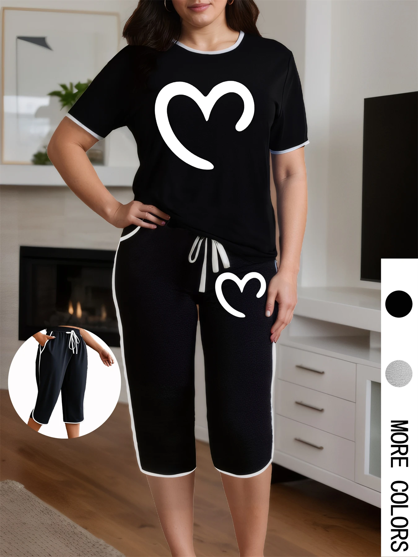 

Plus Size Women 2 Piece Set Heart Print Short Sleeve T-shirt Capri Pants Summer Suits Oversize Fashion Two Piece Outfits 2025