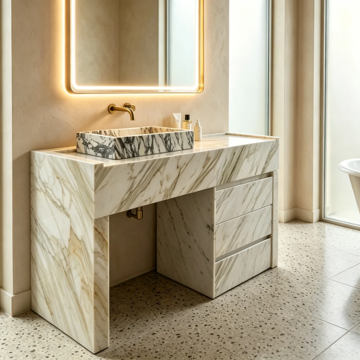 #￥Calacatta Gold Marble Bathroom Vanity Cabinet with Counter Top Wash Basin for Hotel Villa Bathroom Projects