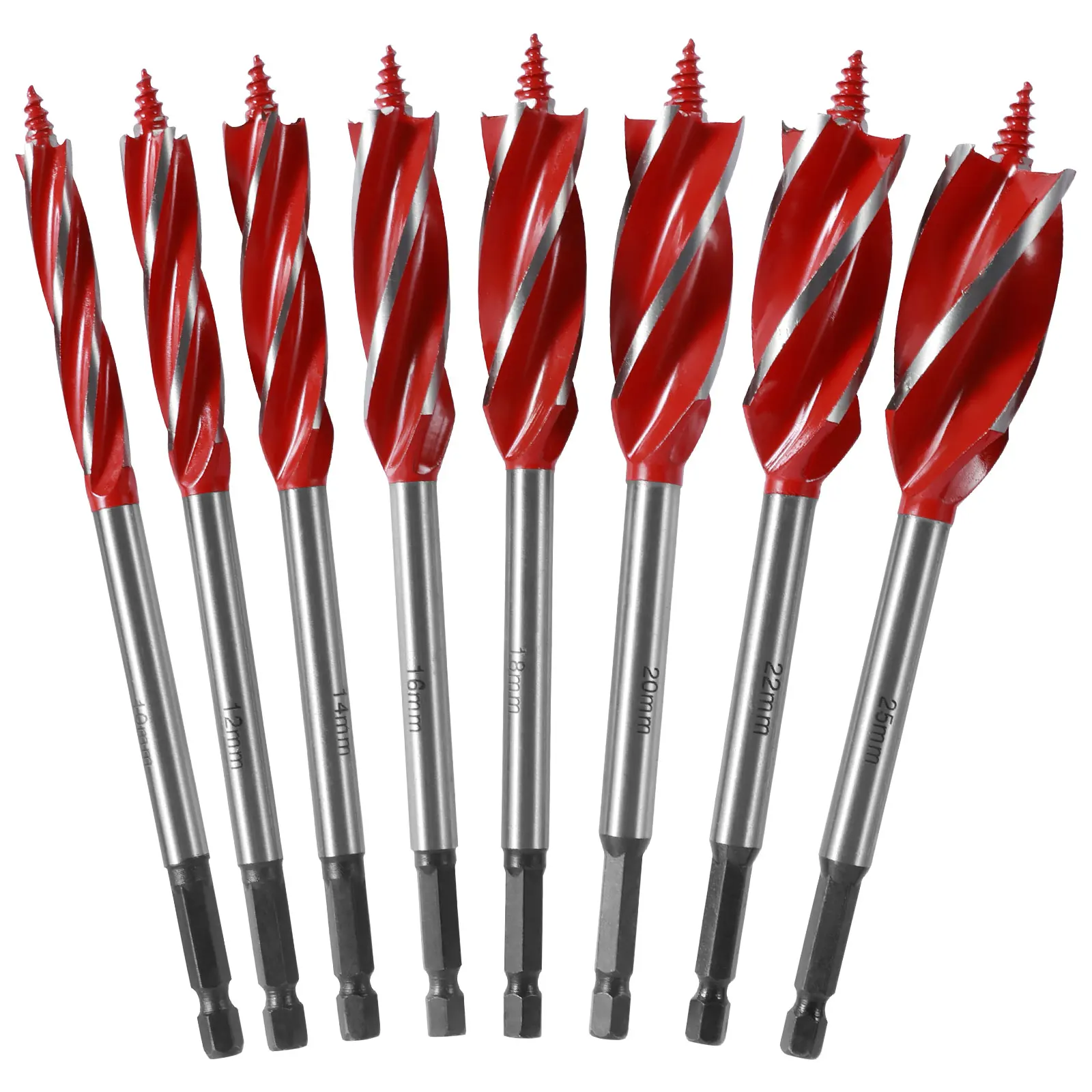 8PCS Wood Auger Drill Bit Set High-Carbon Steel 4 Flute Cut Drilling Bit Kit 10-25mm Self-Tapping Hex Shank Wood Hole Drill Bit