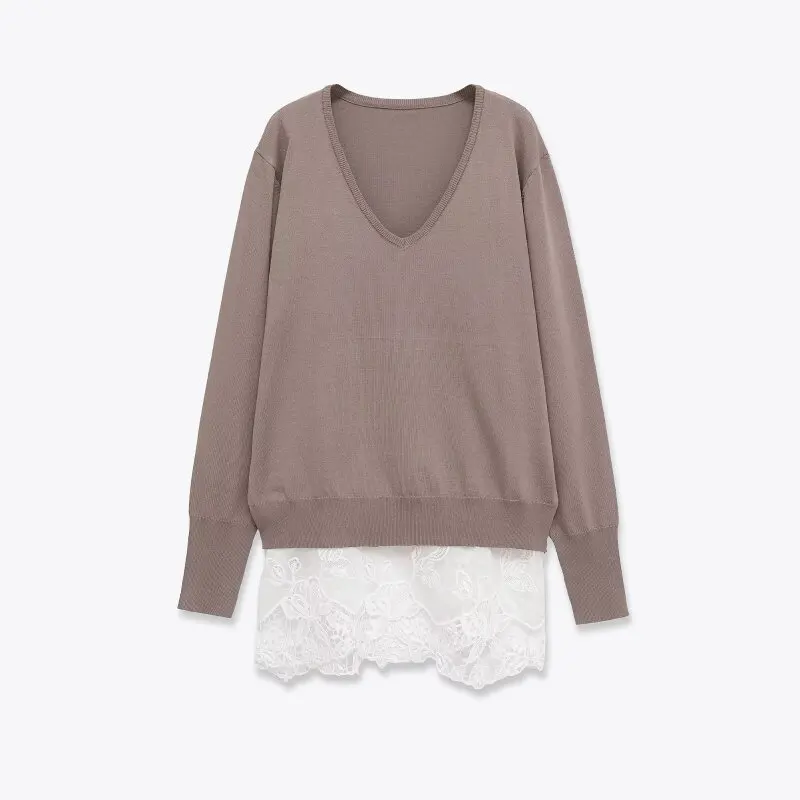 

Women's Loose Fit V-Neck Lace Trim Long Sleeve Knit Sweater Simple Style Patchwork Pullover Top