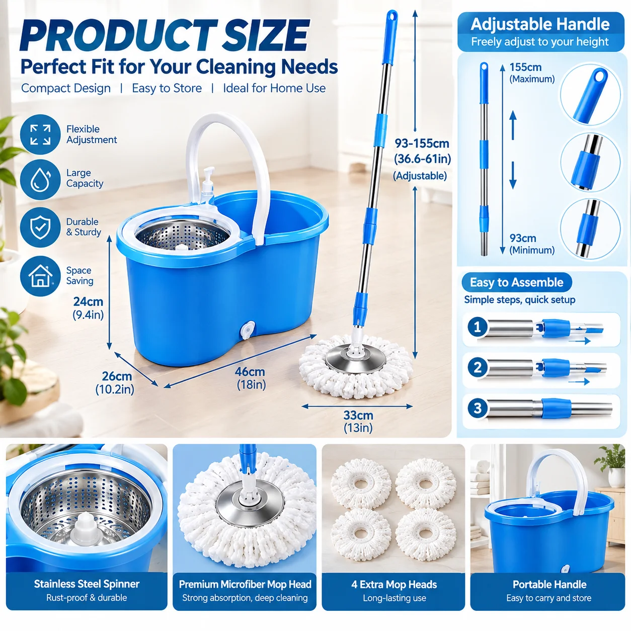 Blue Mop Set Without Extension Tube Featuring A Compact Bucket And Quick-Wring Mechanism For Small Spaces