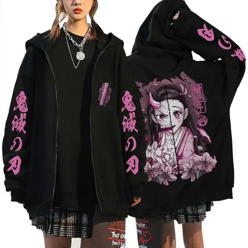Sudadera con capucha de Anime Demon Slayer Kamado Nezuko Merch con cremallera para hombre y mujer, chaqueta informal de gran tamaño con cremallera, ropa de calle de Cosplay de Manga de dibujos animados