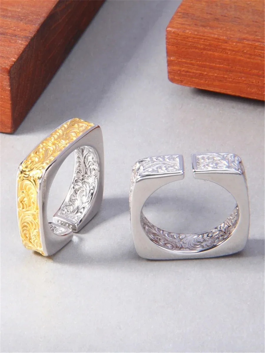 New Silver Color Tang Grass Pattern Square Women Personalized National Trend Retro Live Mouth Adjustable Fashion Jewelry