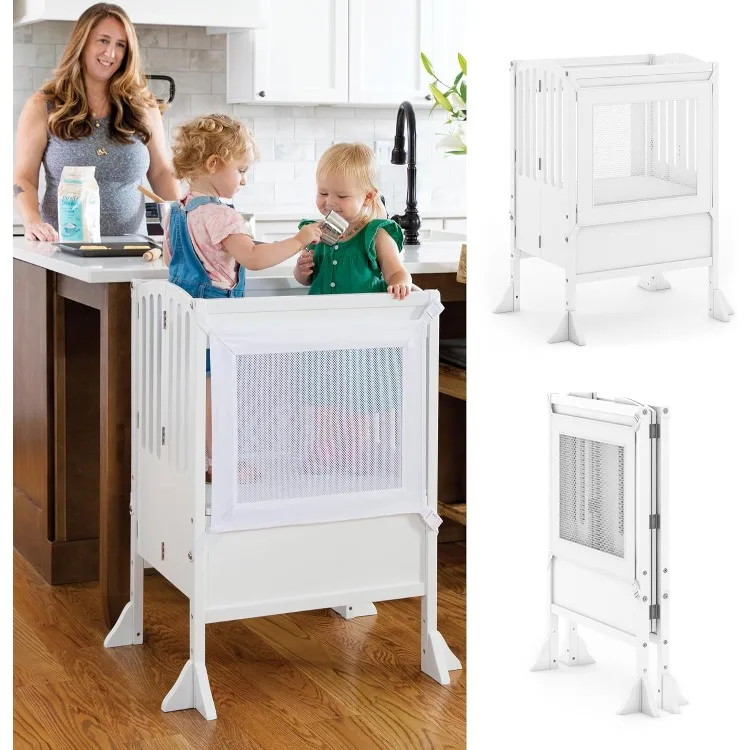 Contemporary Double Kitchen Helper Stool - White: Extra-Wide Foldable Safety Tower for Two Toddlers; Adjustable Height