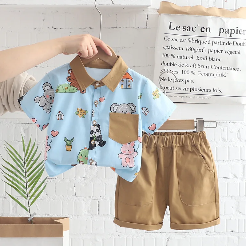 

Toddler Boys Outfits 2025 Summer Baby Boy Clothes 6 To 9 Months Cute Cartoon Animal Short Sleeve Shirts and Shorts Kids Suit Set
