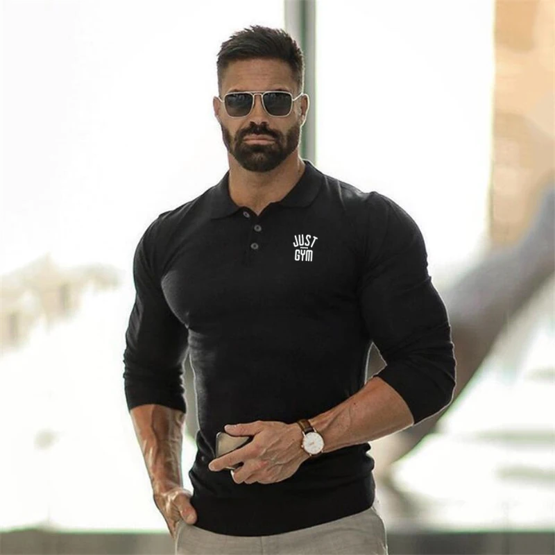 Men\'s Running Sport Polo Shirts Gym Bodybuilding Fitness Muscle T-Shirt Fashion Button Collar Cotton Breathable Tight Tees Tops