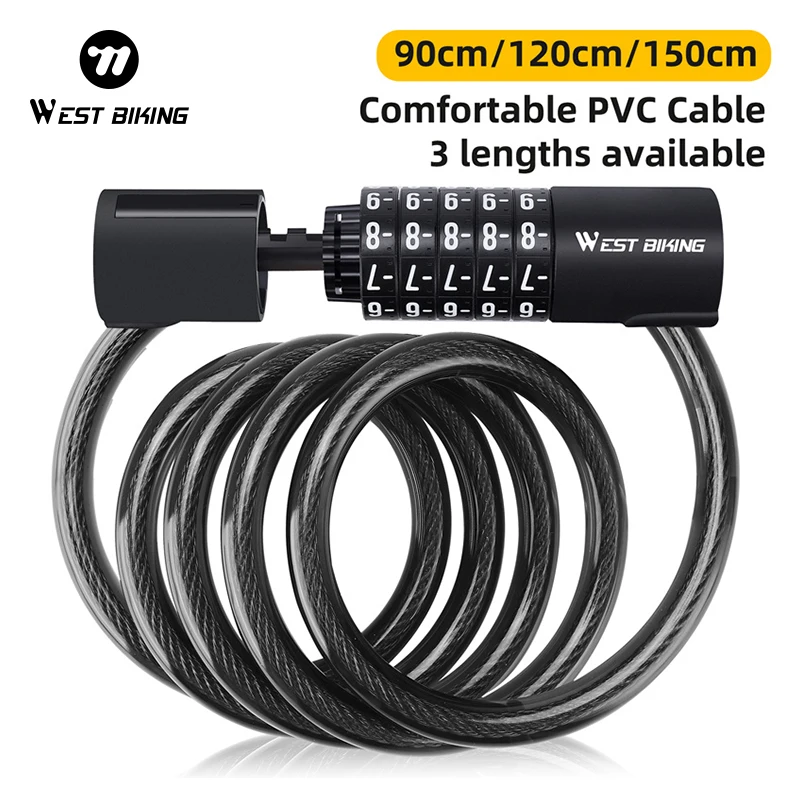 WEST BIKING 1.5M Bicycle Cable Lock 5 Digits Code Combination Steel Wire Lock Waterproof Wear-resistant Thicken Portable Lock