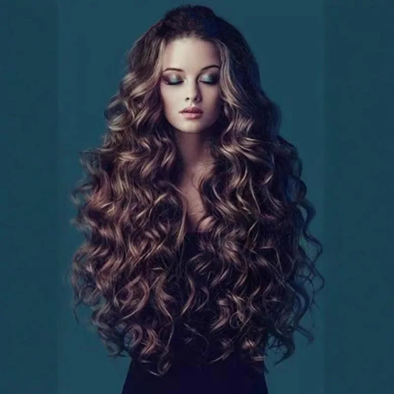 براون طويل حليقة شعر مستعار المرأة الاصطناعية رقيق كوس موجة كبيرة روز صافي الشعر التمديد ارتفاع درجة الحرارة الحرير الشعر التمديد