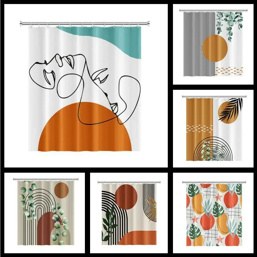 Boho Minimalist One Line Art Face Tropical Leaf Geometric Circle Rainbow Fruit Abstract Pattern Shower Curtain Waterproof Mildew