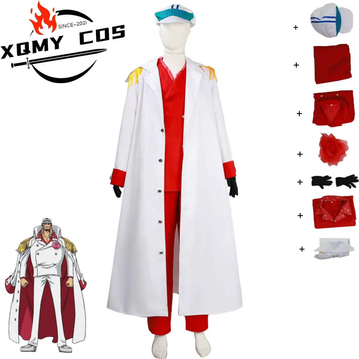 

XQAnime Marines Admiral Sakazuki Cosplay Costume Admiral Akainu White Cloak Red Military Uniform Coat Man Halloween Carnival Sui
