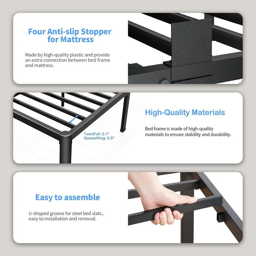 7 إطار سرير كينج معدني شديد التحمل بأرجل مستديرة، بدون زنبرك صندوق، مثبتات المراتب، سعة 3500 رطلاً، سهلة التجميع #4