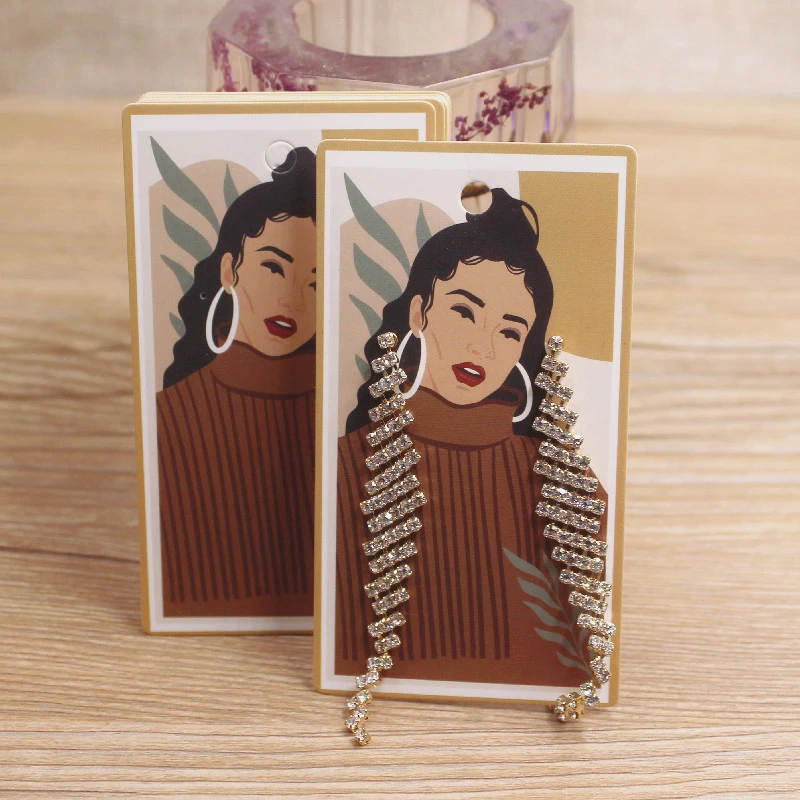 50Pcs 5x9cm White Paper Print Girl Pattern Earring Card Glasses /Brown Face Girl People Jewelry Display Packaging Cards Tags