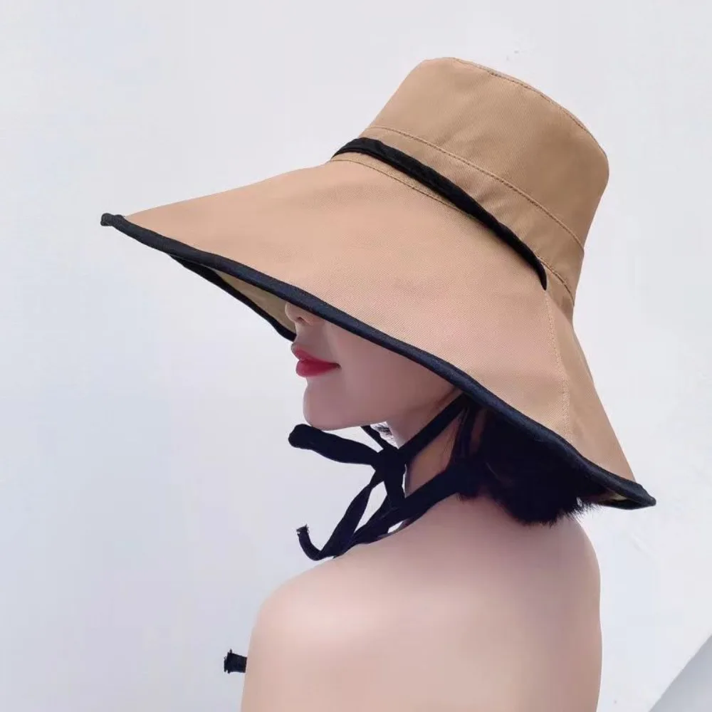 

Fashion Solid Color Wide Brim Sun Hat Anti-UV Korean Style Sun Protection Hat Visors with Neck Rope Women Bucket Hat Girl