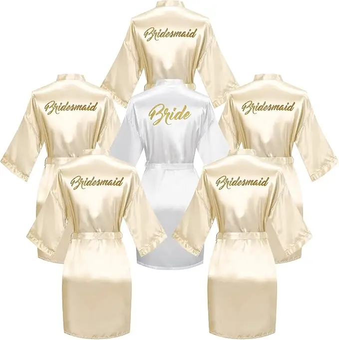 6 Pieces Bridal Shower Bathrobe Set for Bride and Bridesmaid Silky Robe Set Getting Ready Dressing Gown