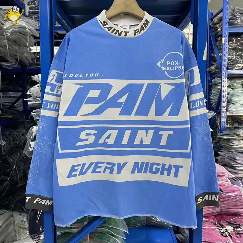 سباق نمط الأزرق سانت كم طويل تي شيرت الرجال امرأة خمر غسلها تفعل القديمة شارع العليا إلكتروني طباعة جولة الرقبة أعلى