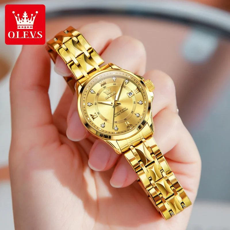 OLEVS Women‘s Watches Luxury Fashion Gold Small Wristwatch for Ladies Original Waterproof Rhombus Stainless Steel Strap Date