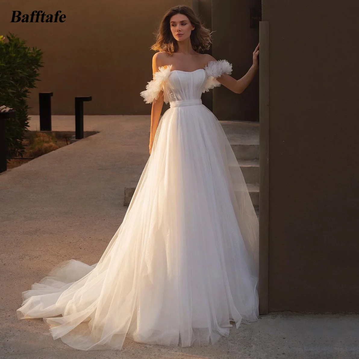 Bafftafe A Line Sparkly Tulle Wedding Dresses For Bride Ruffles Off The Shoulder Formal Party Dress Sweep Train Bridal Gowns