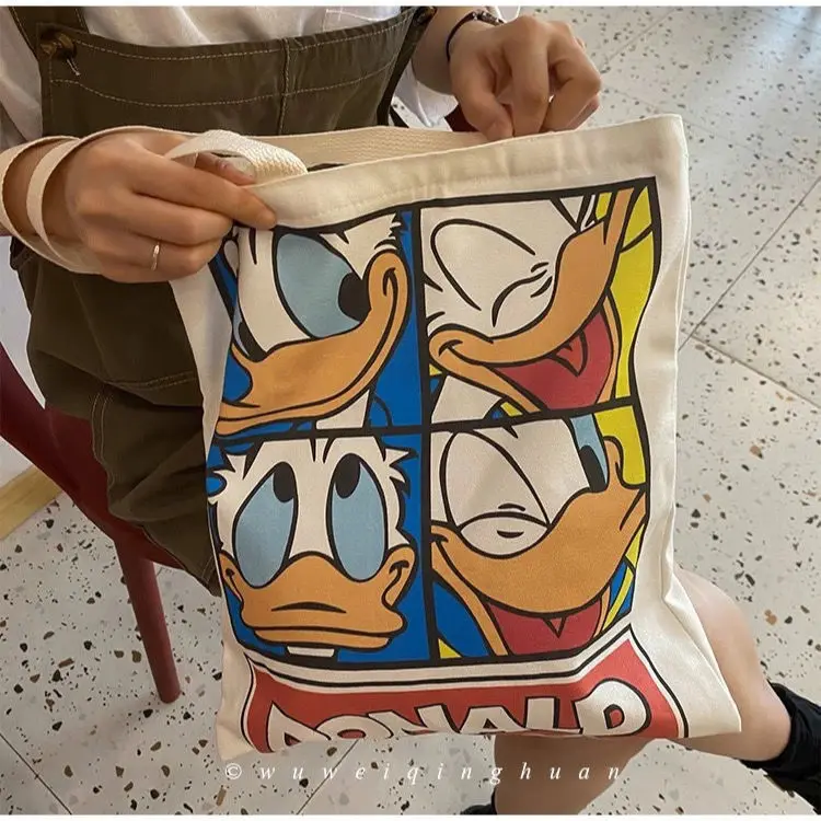 Disney Cartoon Canvas Tote Bags for Girls Anime Donald Duck Stitch Handbags Large Capacity Storage Pouch Cute Shoulder Bag Gifts