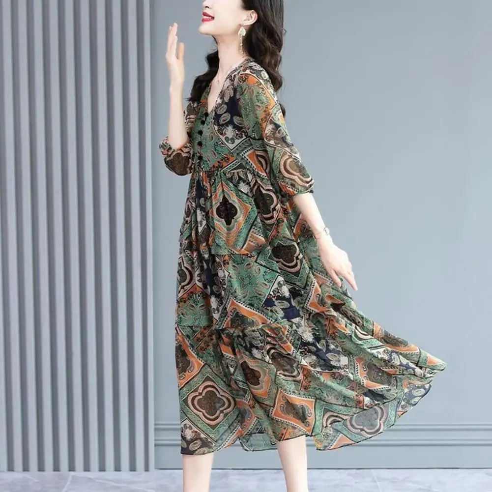 

Women Midi Dress Pleated Printed Loose Hem Button Decor Patchwork Dress Up V Neck Vintage Lady Summer Dress Female Clothes