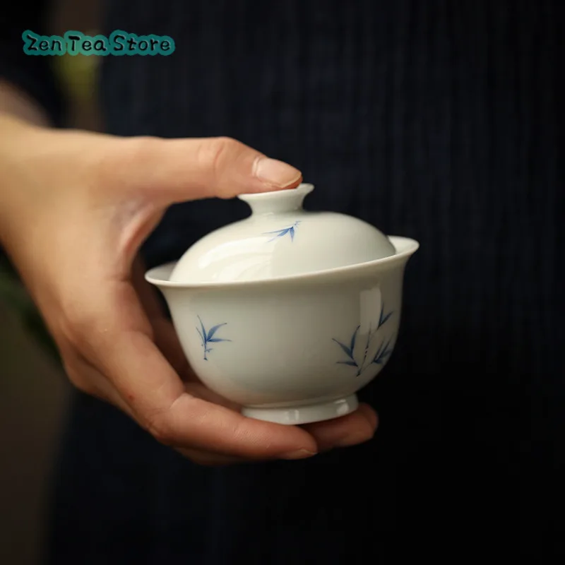 Small Fresh Hand-painted Bamboo Rhyme Cover Bowl Ceramic Teacup Single Three-cup Non-hot Kung Fu Tea Set Anti-hot Tea Bowl