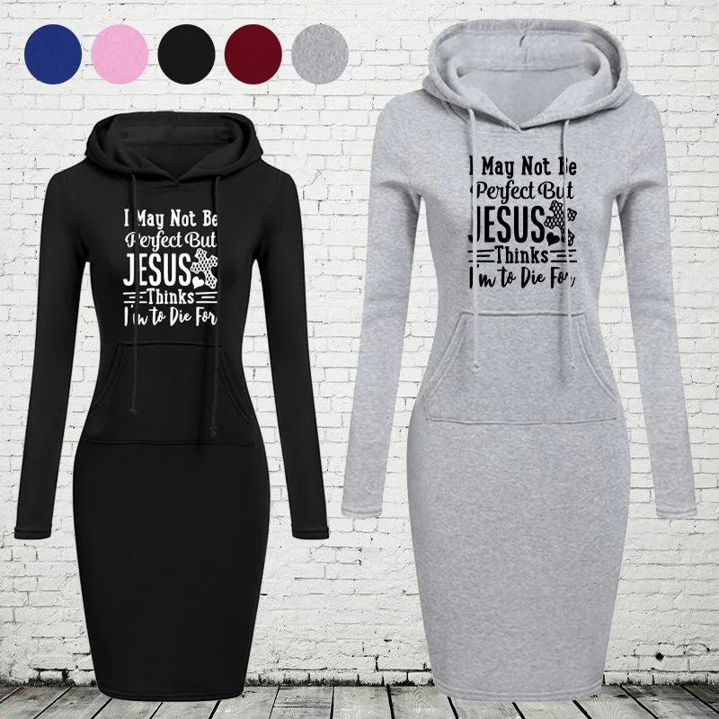 Abito midi semplice da donna in autunno e inverno, casual e confortevole, elegante e snellente, con tasche e felpa con cappuccio.