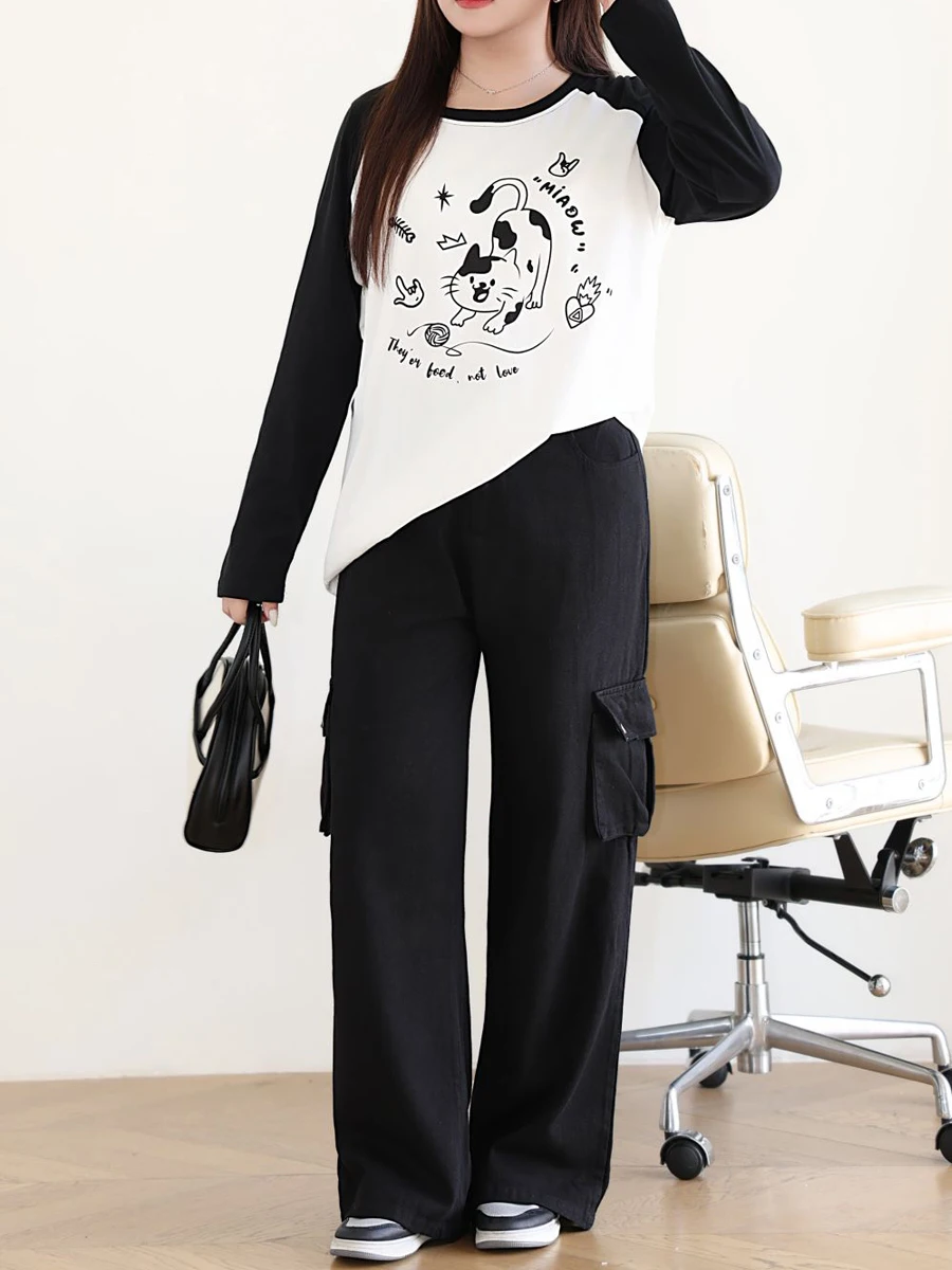 Preppy Style Casual Women's Sets High Waist Straight Leg Cargo Pants And Long Sleeve Tees XL Fall 2024 Good Quality