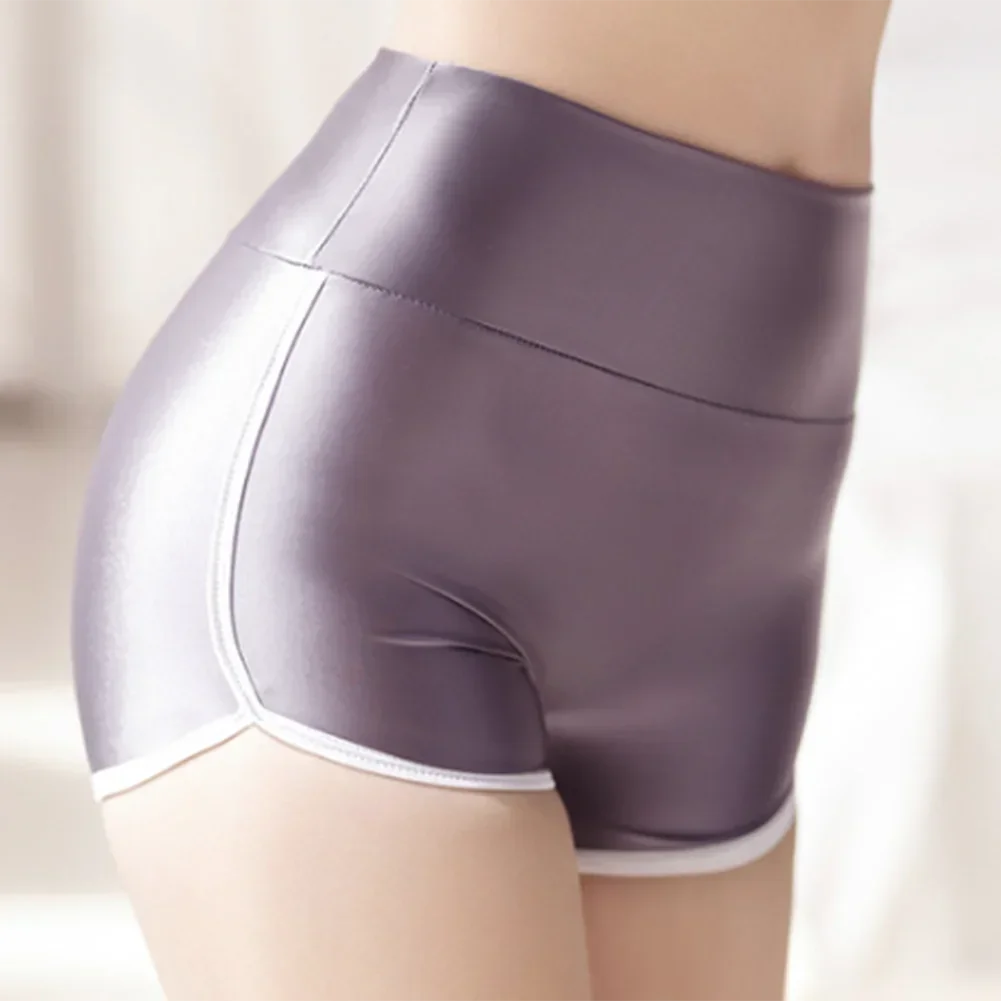 Womens Sexy Oil Shiny Glossy Briefs Smooth Tight Underwear Stretchy Panties Solid Color High Waist Yoga Sports Shorts