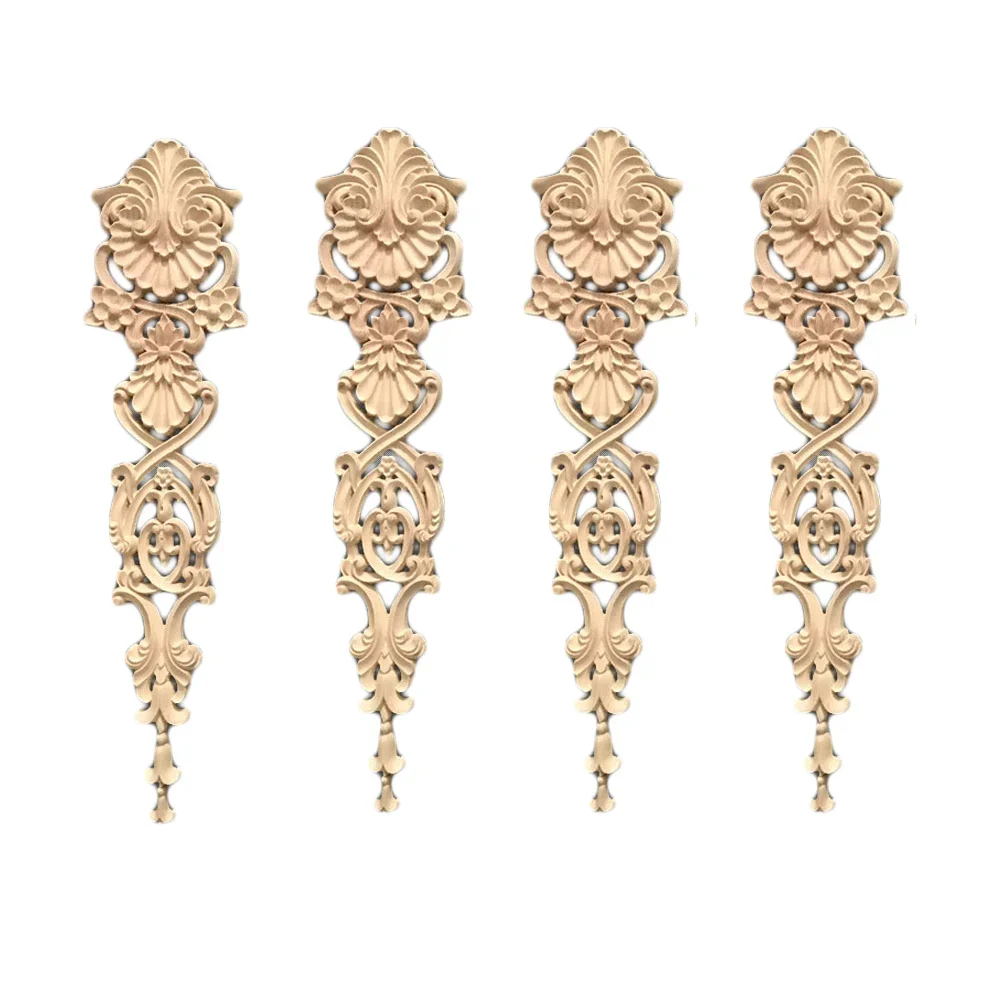 4Pcs Exquisite Furniture Decor Carving Accessories Flower Long Applique Solid Wood Retro Unpainted Miniatures Window Ornaments