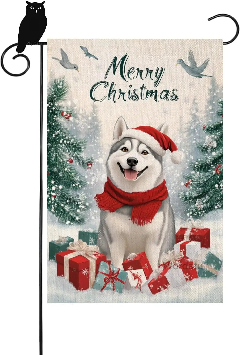Merry Christmas Husky Garden Flag for Outside 12x18 Inch Santa Hat Small Burlap Yard Flags Outdoor Home Farmhouse Front Porc HHZ